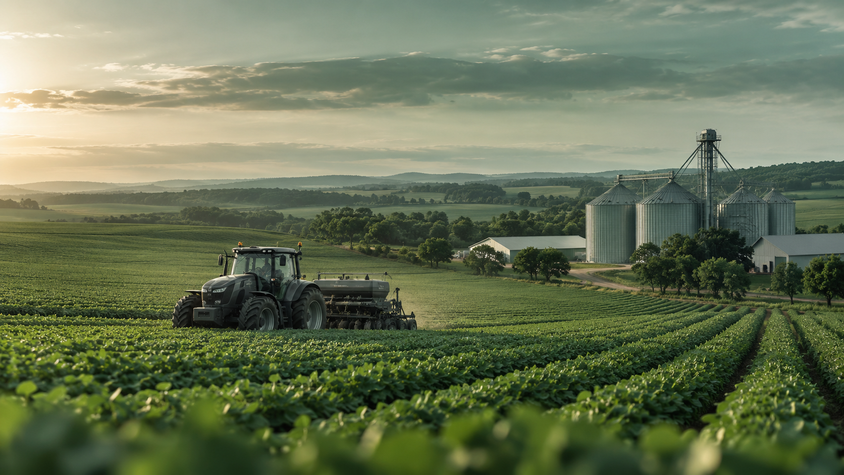 Lavoura de soja ao amanhecer com trator e silos de armazenagem